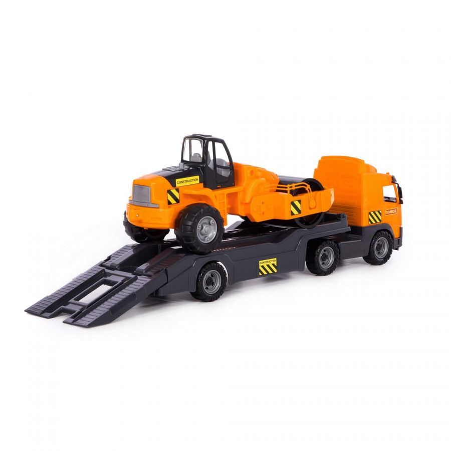 Автомобиль-трейлер + дорожный каток (в лотке)