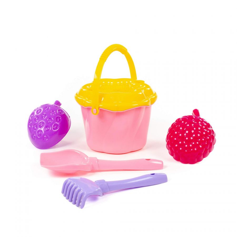 Набор №662: ведро-цветок среднее №4, сито-цветок среднее №4, лопатка №5, грабельки №5, формочки (клубника + малина)