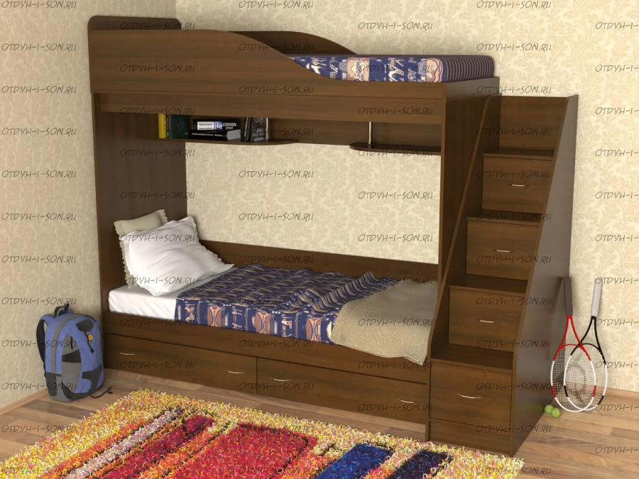 Кровать двухъярусная Дуэт с лестницей-комодом