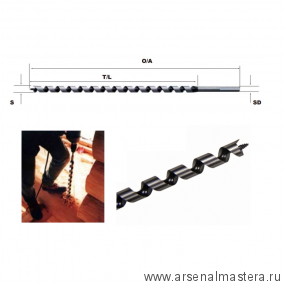 Экстрадлинное сверло шнековое Star-M для сверления сквозных и глухих отверстий в мягкой и твердой древесине N 400 L D 20 х 400 / 300 мм Star-M N400L-200 D20mm М00013091