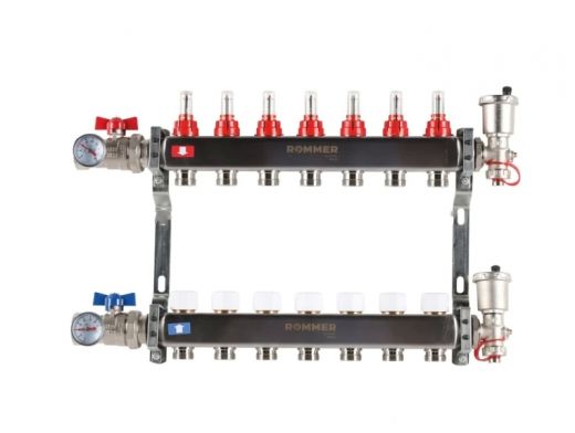 Колекторная группа для теплого пола из нержавеющей стали Rommer 1* х 3/4* - 7 выходов (в сборе с расходомерами)