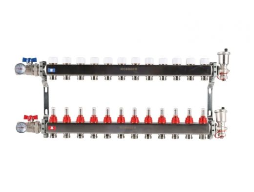 Колекторная группа для теплого пола из нержавеющей стали Rommer 1* х 3/4* - 12 выходов (в сборе с расходомерами)