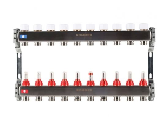 Колекторная группа для теплого пола из нержавеющей стали Rommer 1* х 3/4* - 10 выходов (с расходомерами)