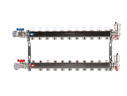 Колекторная группа для отопления из нержавеющей стали Rommer 1* х 3/4* - 11 выходов (в сборе без расходомеров)