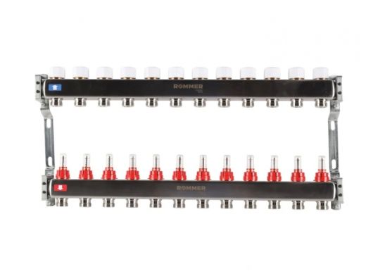 Колекторная группа для теплого пола из нержавеющей стали Rommer 1* х 3/4* - 12 выходов (с расходомерами)