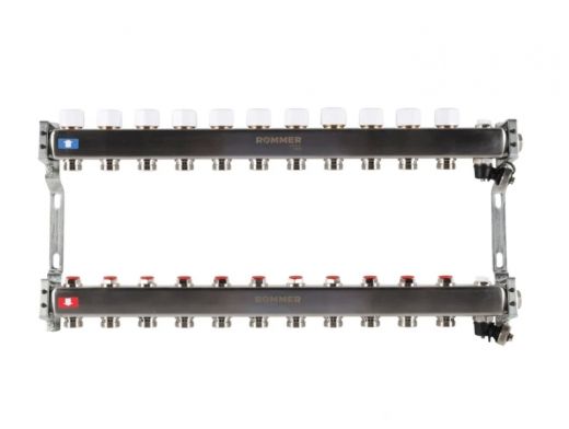 Колекторная группа для отопления из нержавеющей стали Rommer 1* х 3/4* - 11 выходов (без расходомеров, с клапаном выпуска воздуха и сливом)