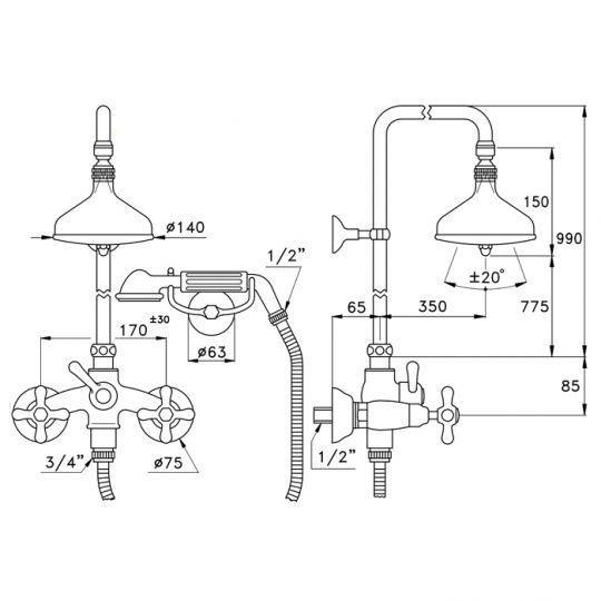 Душевой комплект Stella Roma 3284/301/314A-90: смеситель штанга+ручной+верхний душ 90мм ФОТО