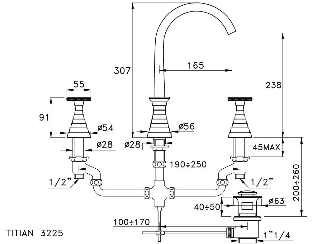 Смеситель для раковины Stella Titian TT 00015 AU02 на 3 отверстия схема 2