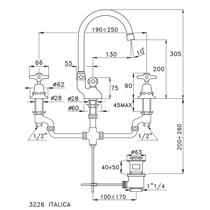 Смеситель Stella Italica для раковины на 3 отверстия 3226 с донным клапаном схема 2