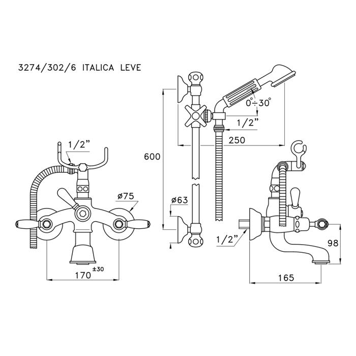 Смеситель Stella Italica Leve для ванны 3274/302/6 со штангой и ручным душем схема 2