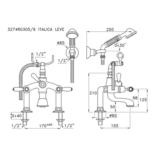 Смеситель Stella Italica Leve для ванны 3274/305/6 с ручным душем ФОТО