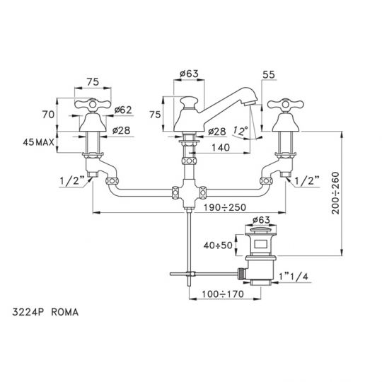 Смеситель Stella Roma для раковины на 3 отверстия 3224P с донным клапаном схема 2
