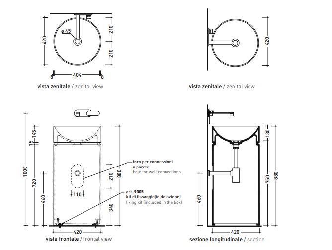 Раковина Flaminia Mono Twin Slim Standing Basin  To Wall MTC42P 42х42 схема 2