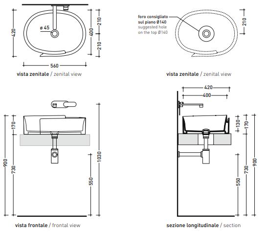 Раковина Flaminia Roll 56 Countertop Basin 56х42 схема 6