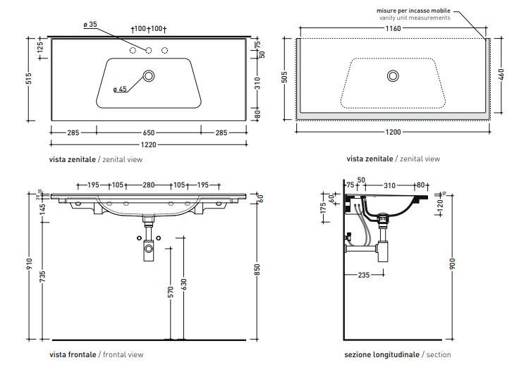 Подвесная раковина Flaminia Bloom 120 Wall Hung - For Furniture Console 122х515 ФОТО