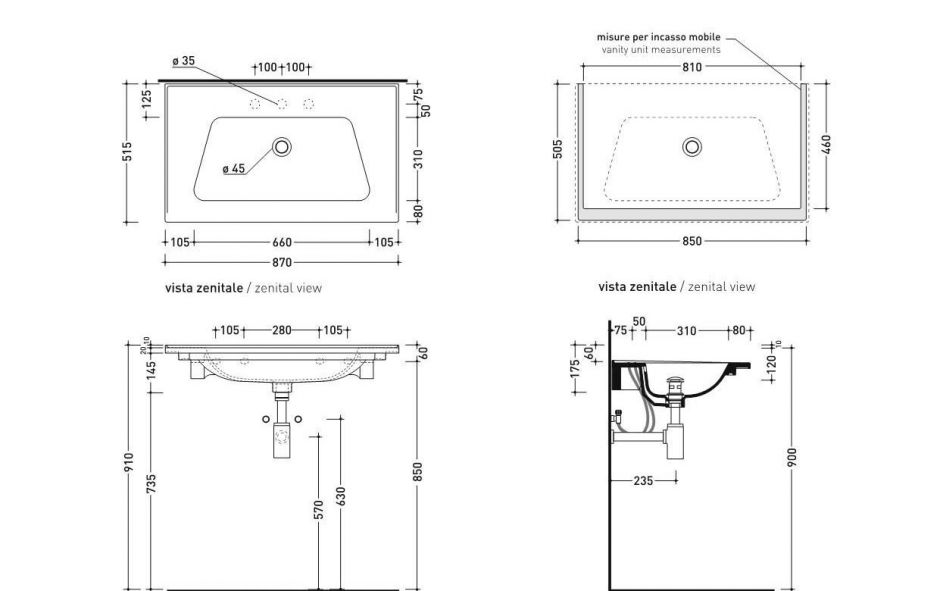 Подвесная раковина Flaminia Bloom 85 Wall Hung - For Furniture Console 87х515 ФОТО