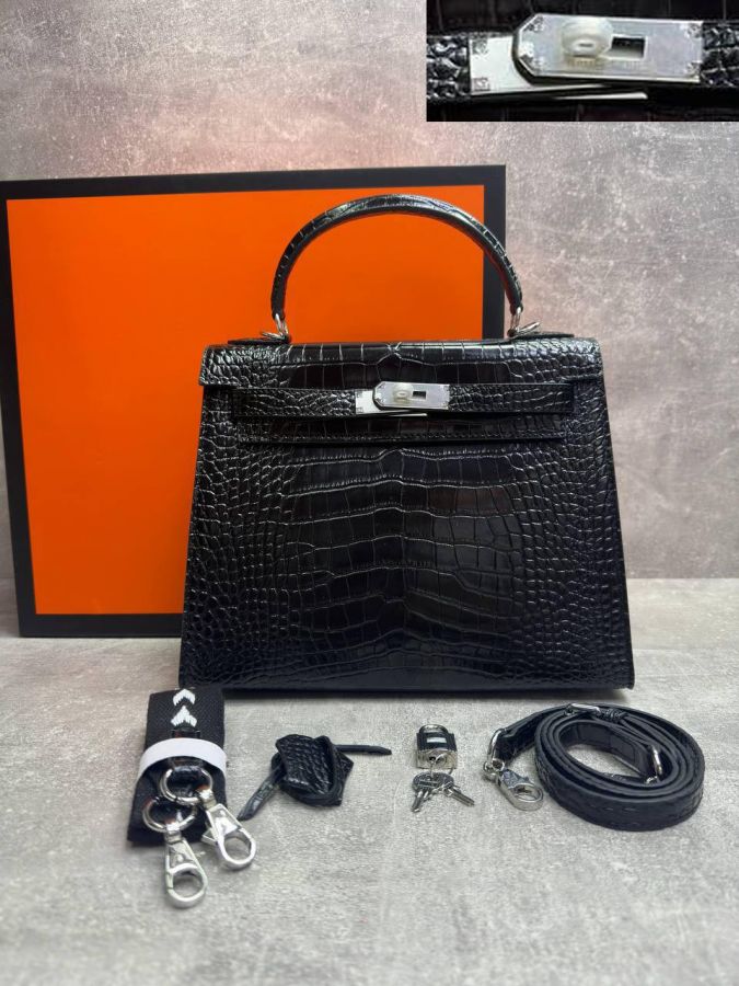 Сумка HERMES KELLY Crocodile 28 см серебро