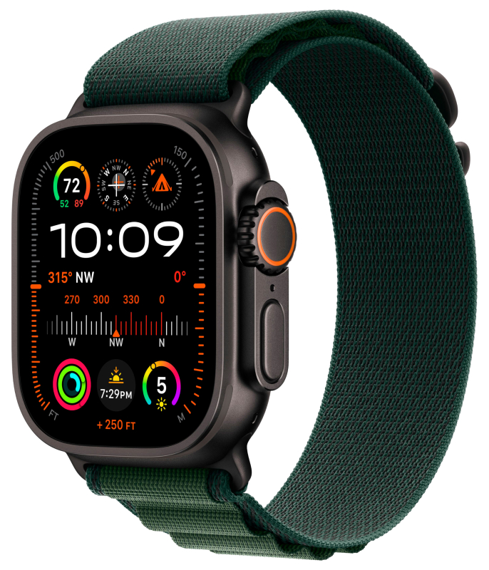 Apple Watch Ultra 2 GPS + Cellular, 49 мм, корпус из черного титана, ремешок Alpine зеленого цвета, размер M