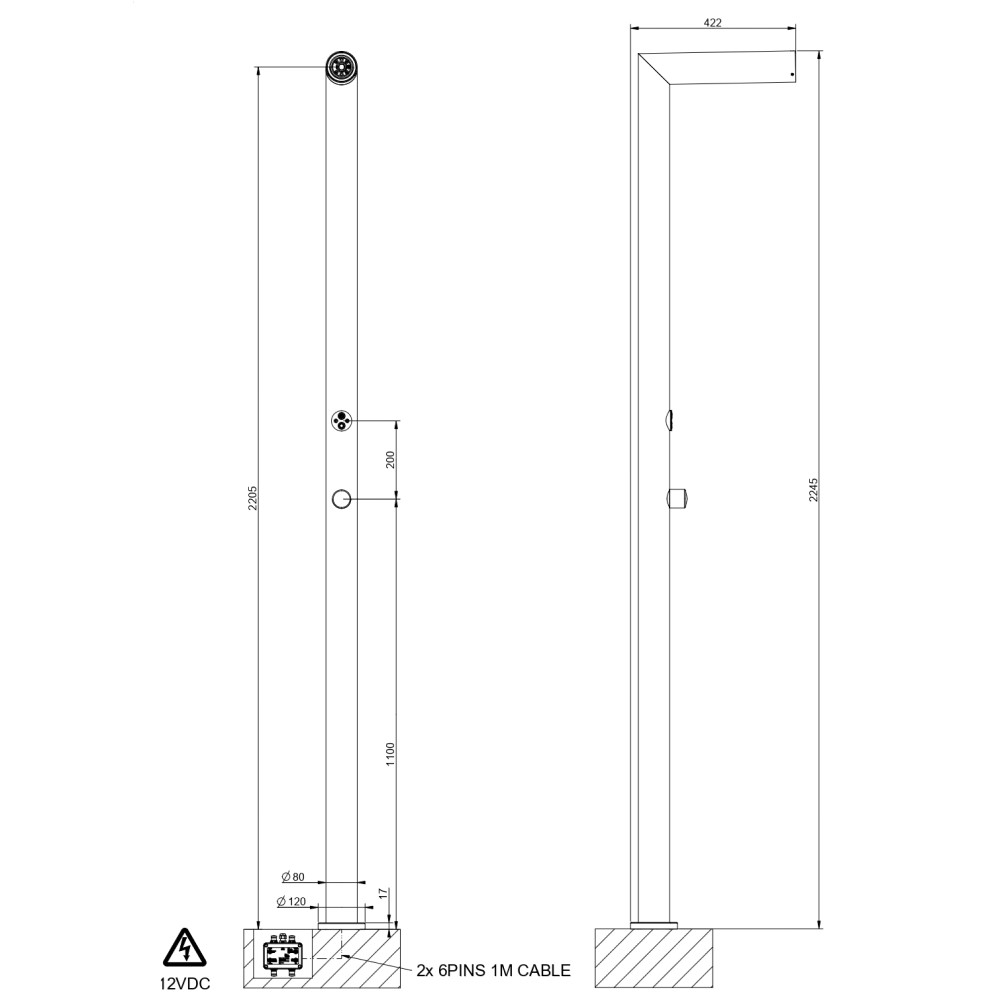 Уличная душевая стойка с хромотерапией Gessi Outdoor L 63225 схема 2