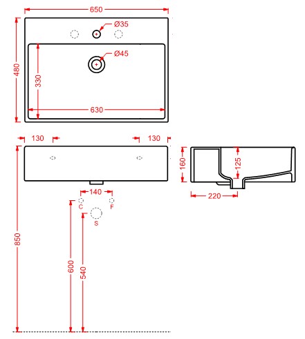 Раковина Artceram Quadro QUL003 65х48 схема 2