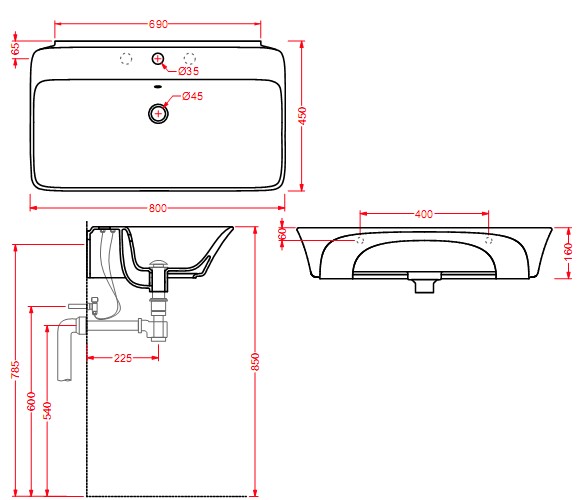 Раковина Artceram Cow CWL003 80х45 схема 2