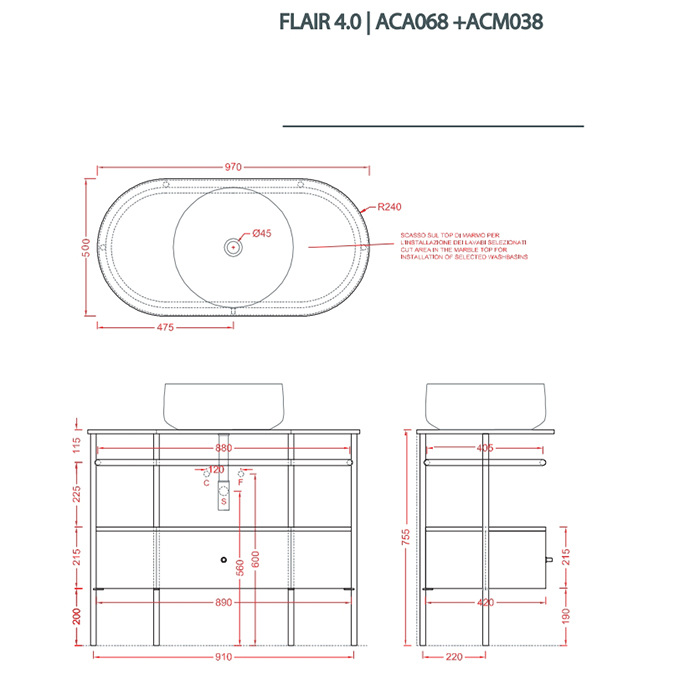 Столешница Artceram Flair 4.0 97х50х75.5 см TFA010 схема 6