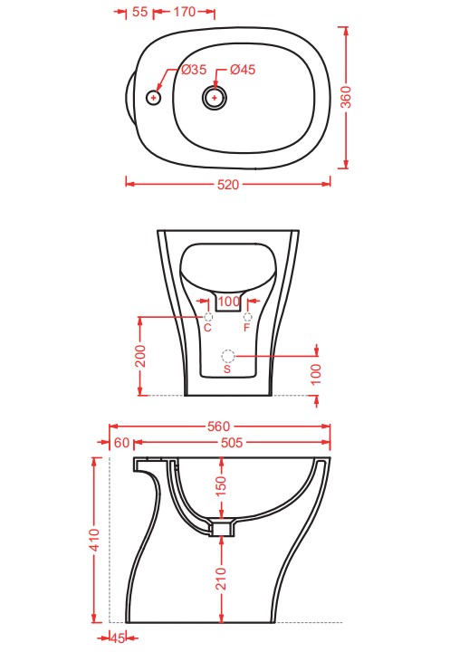 Напольное биде Artceram Ten 36х52 TEB003 схема 3