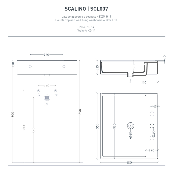 Раковина Artceram Scalino 550х480 мм накладная отверстие для смесителя без перелива SCL007 схема 2