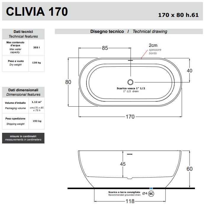 Отдельностоящая ванна Gruppo Treesse Clivia 170х80 V447 в белом матовом цвете схема 2