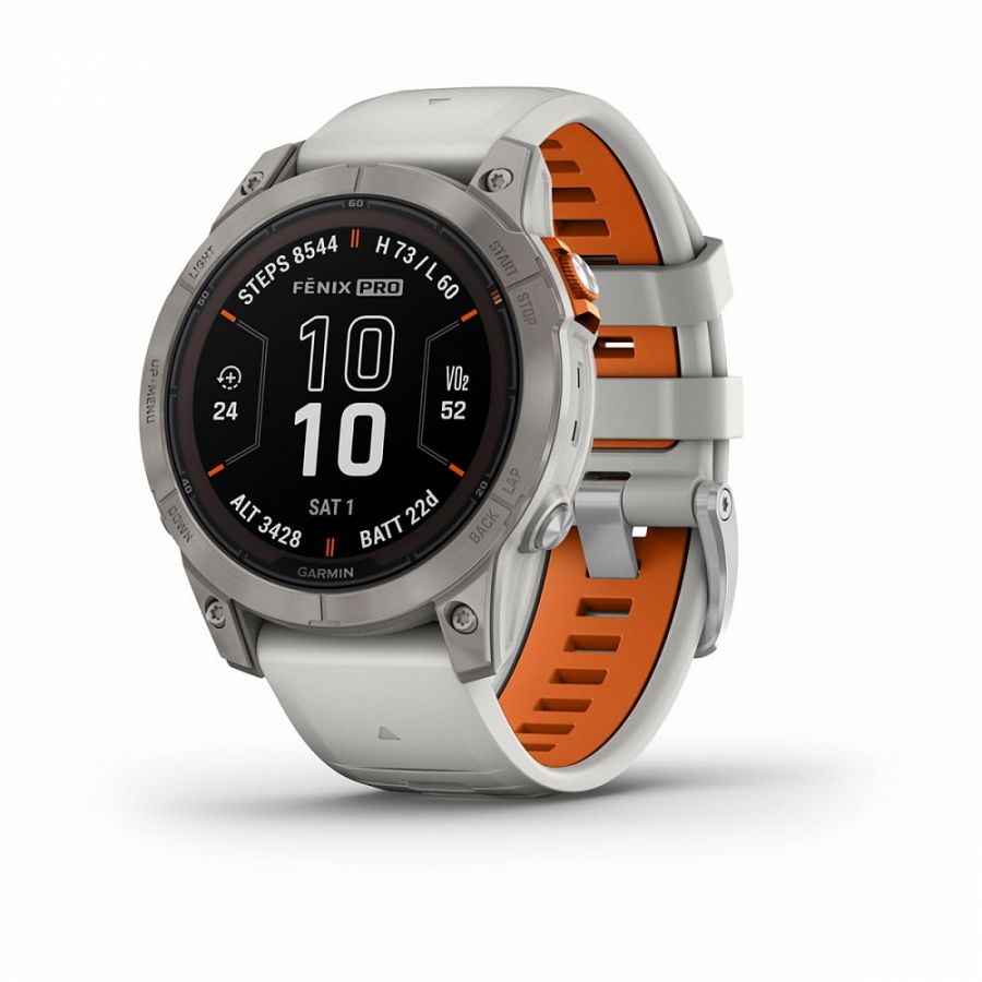 Умные часы Garmin  FENIX 7 PRO Sapphire Solar титановый серый с серо-оранжевым ремешком