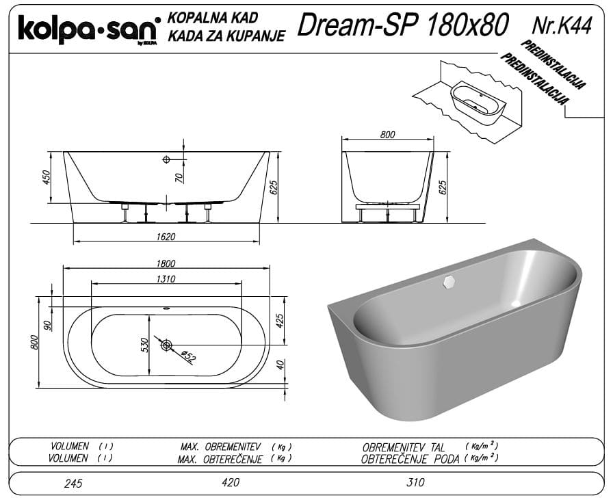 Угловая ванна Kolpa San Dream SP R 180x80 правая схема 2