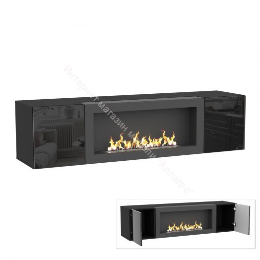 Шкаф навесной POINT ТИП-28 SBK с биокамином Чёрный/Чёрный глянец