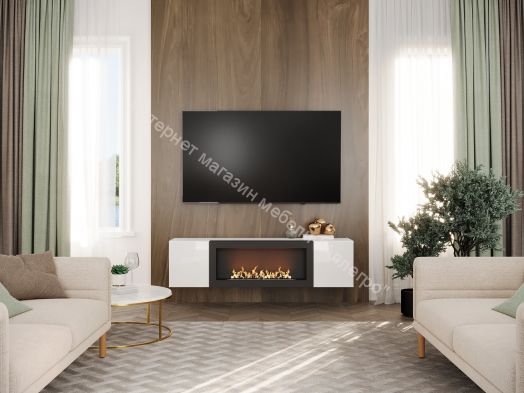 Шкаф навесной POINT ТИП-28 SBK с биокамином Белый глянец/Белый матовый