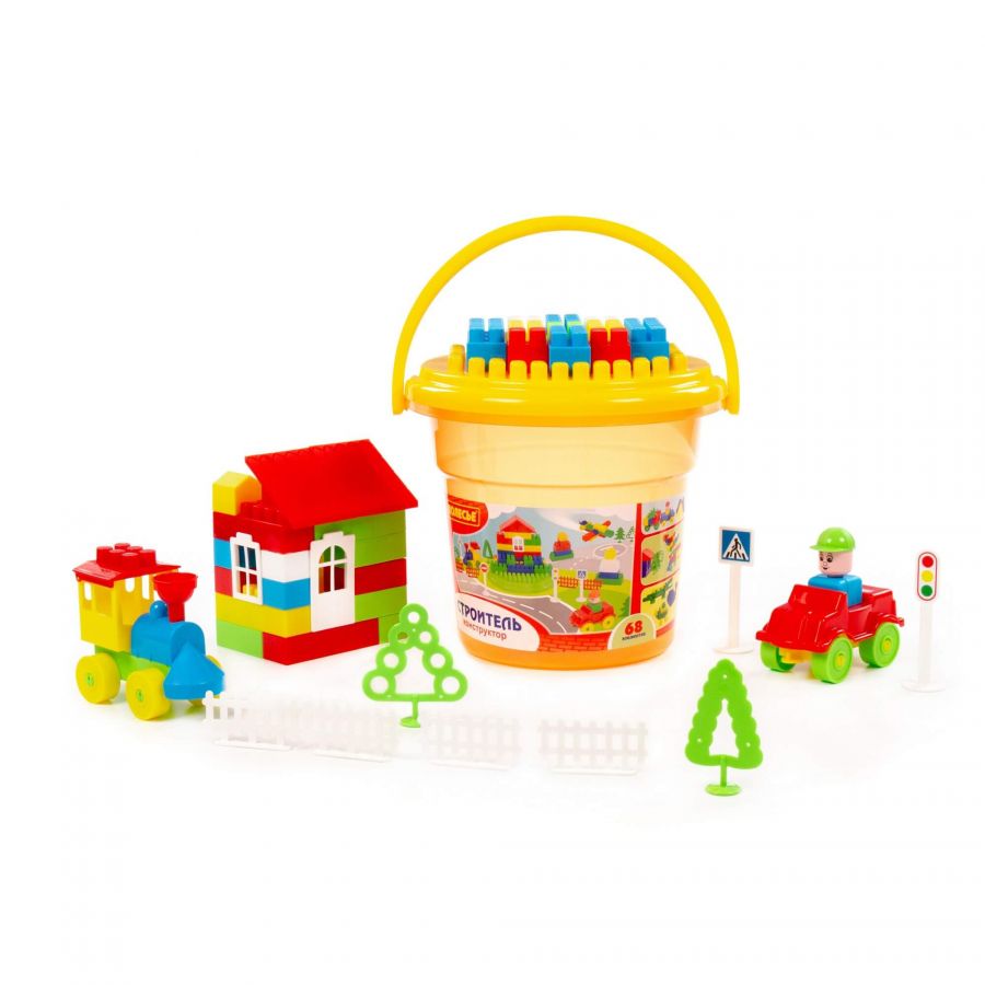 Конструктор "Строитель" (68 элементов) (в ведре оранжевом "Макси" с крышкой)