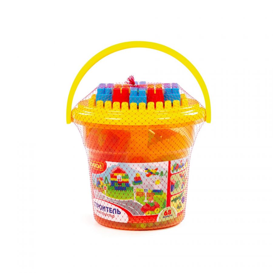 Конструктор "Строитель" (68 элементов) (в ведре оранжевом "Макси" с крышкой)