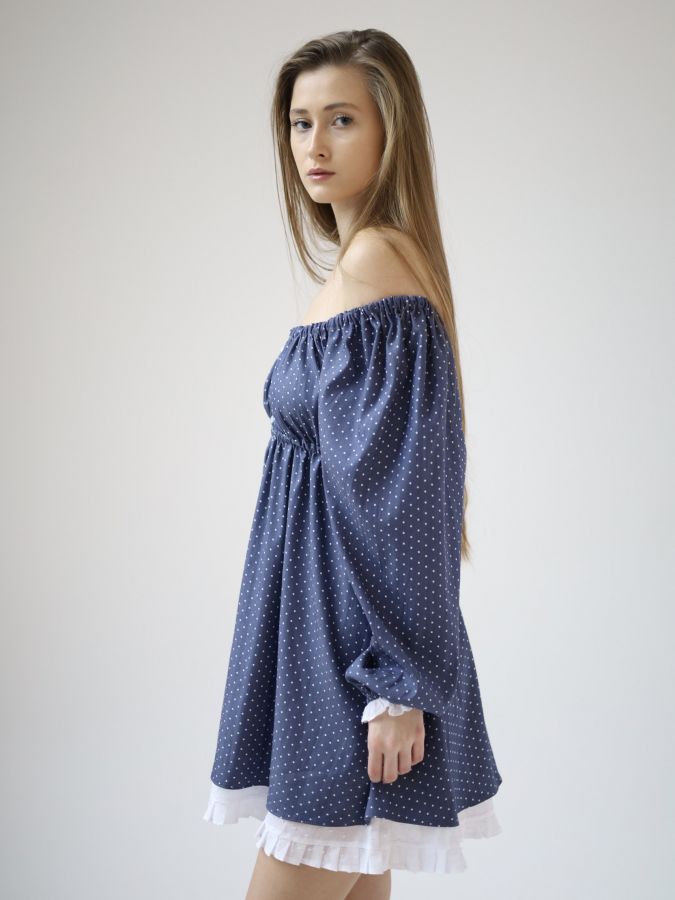 Платье Babydoll джинс в горошек