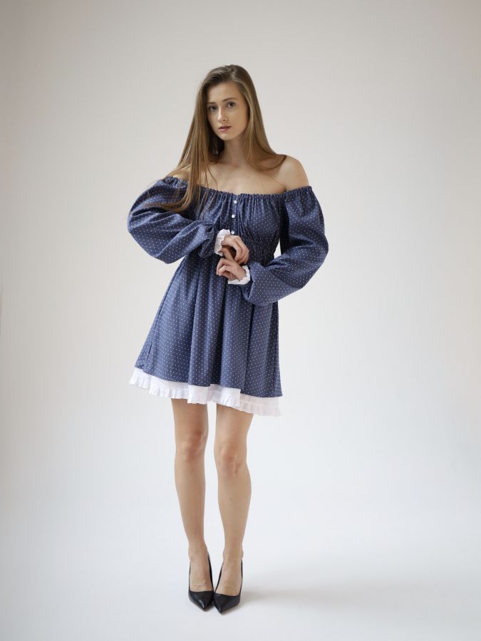 Платье Babydoll джинс в горошек