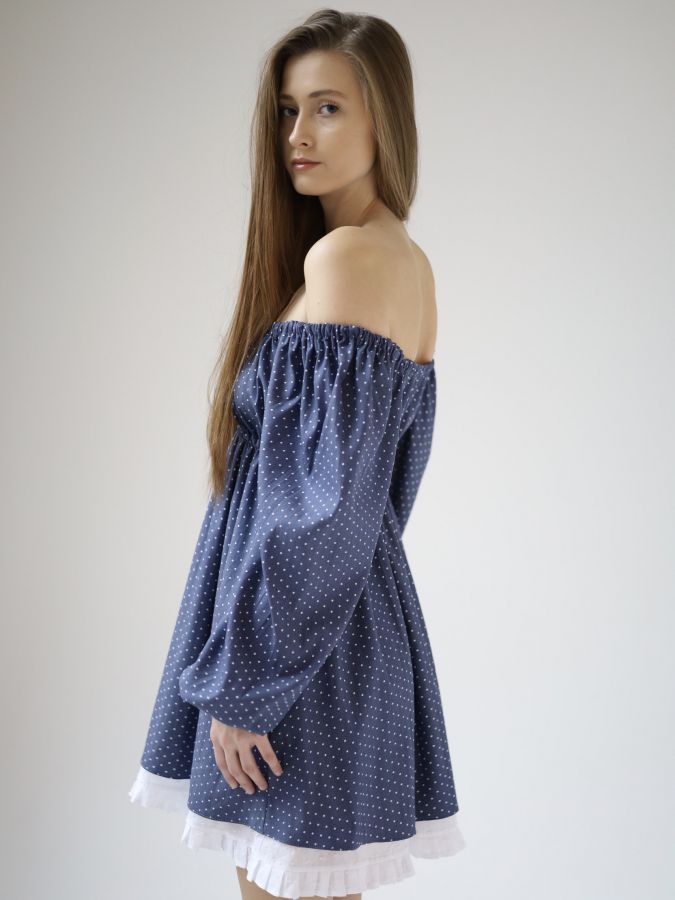 Платье Babydoll джинс в горошек