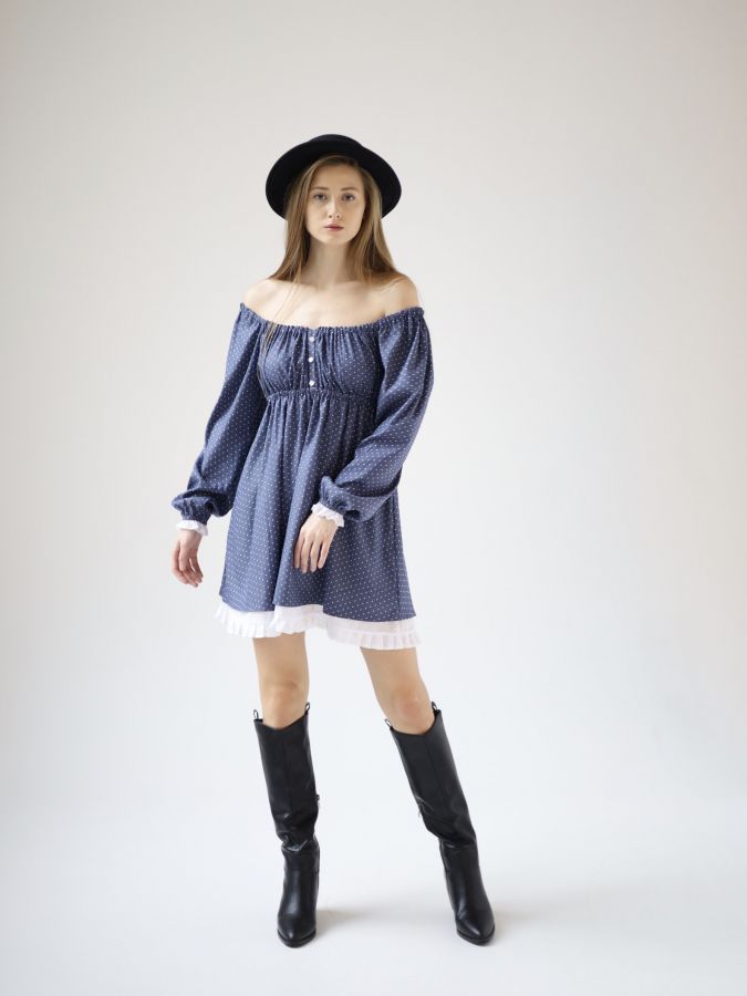 Платье Babydoll джинс в горошек