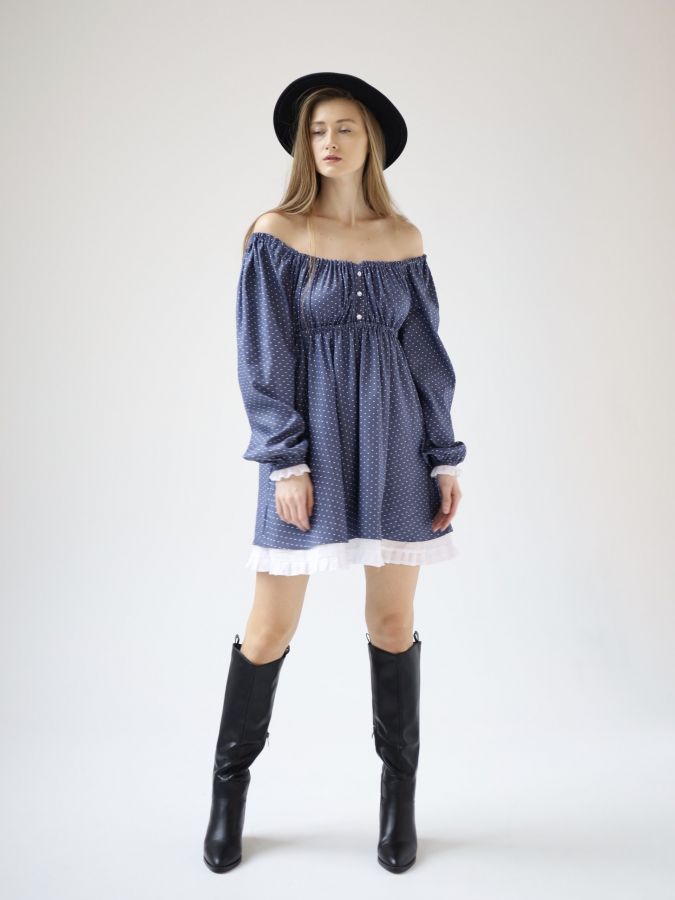 Платье Babydoll джинс в горошек