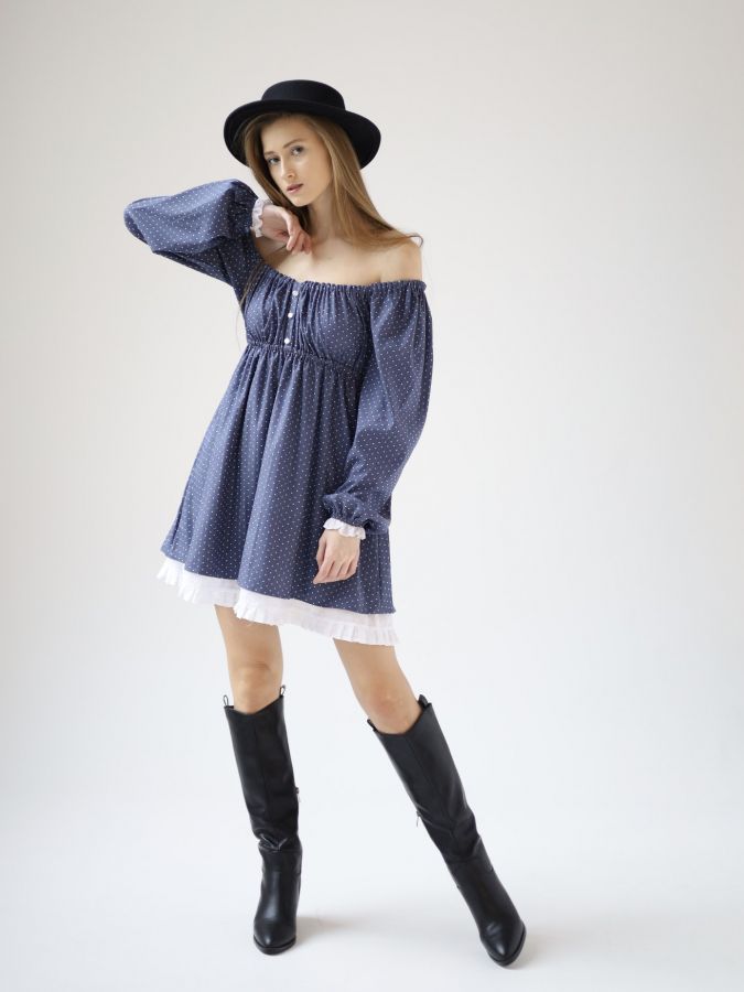 Платье Babydoll джинс в горошек