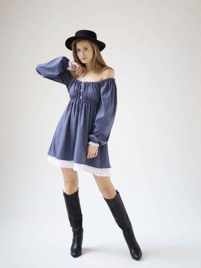 Платье Babydoll джинс в горошек