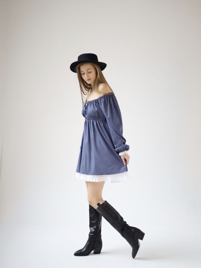 Платье Babydoll джинс в горошек