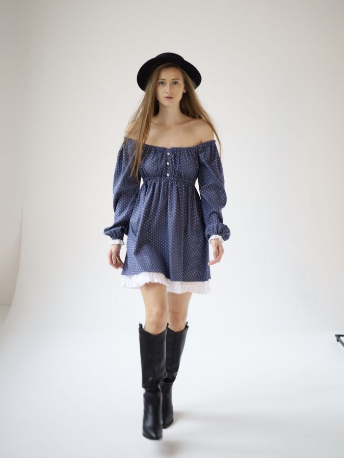 Платье Babydoll джинс в горошек