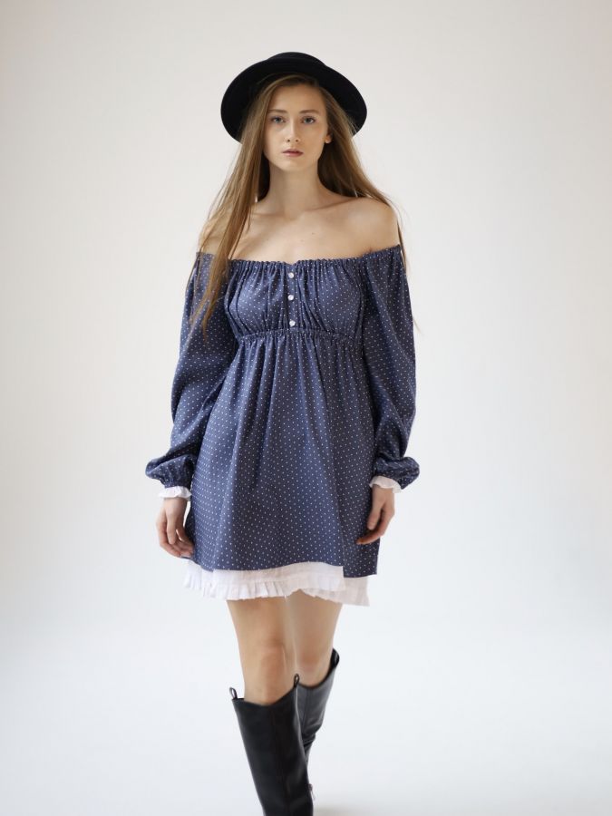 Платье Babydoll джинс в горошек