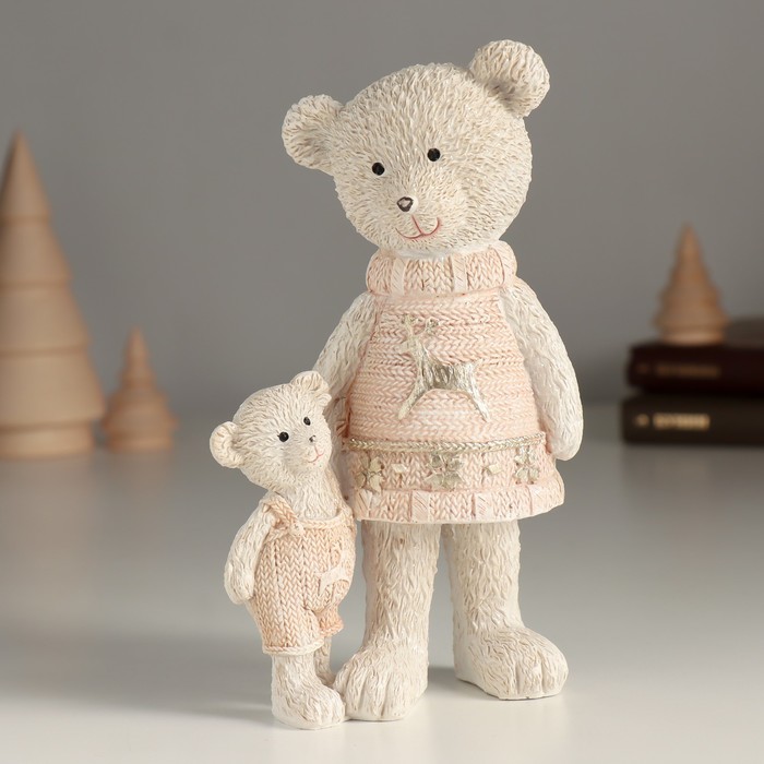 Сувенир полистоун "Мишка с малышом в розовых свитерах"