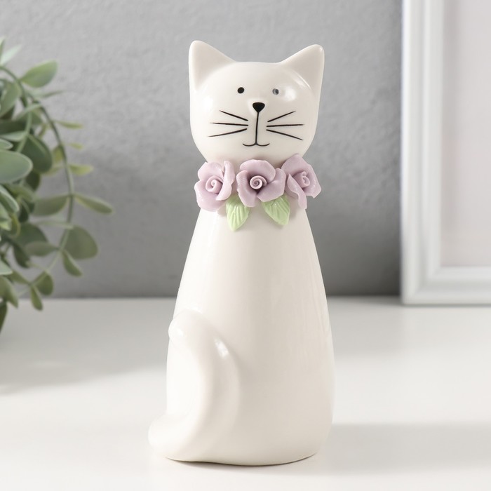 Сувенир керамика "Котик белый сидящий с цветочным ошейником"