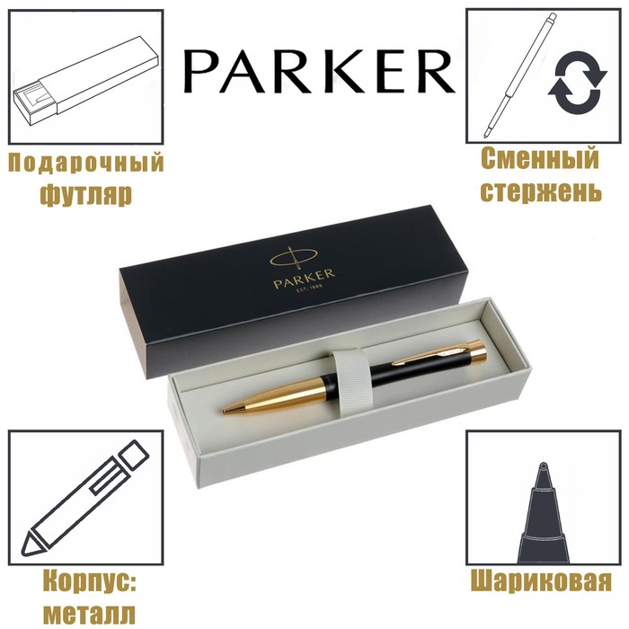 Ручка шариковая Parker Urban Core K314 Muted Black GT М, 1.0 мм, корпус из латуни, синие чернила