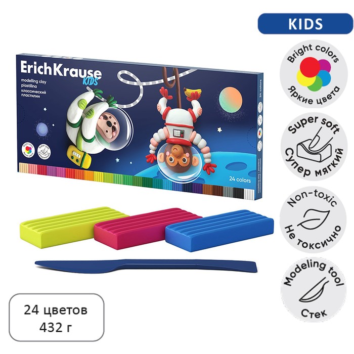 Пластилин 24 цвета, 432 г, ErichKrause "Kids Space Animals", со стеком, в картонной упаковке