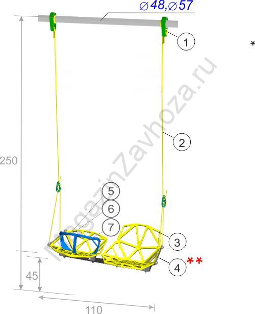 Качели двойные "взрослый-малыш" на веревочной системе 250 см с креплением на трубу